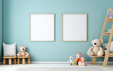 Mock up posters in child room interior, posters on empty blue wall background