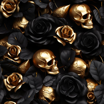 3D seamless pattern, golden skulls and black roses. Halloween pattern wrap background. High quality illustration