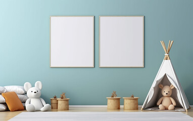 Mock up posters in child room interior, posters on empty blue wall background