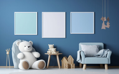 Mock up posters in child room interior, posters on empty blue wall background