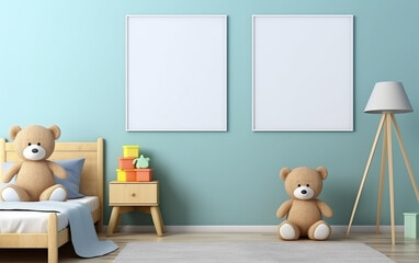 Mock up posters in child room interior, posters on empty blue wall background