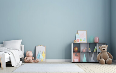 Mock up posters in child room interior, posters on empty blue wall background - obrazy, fototapety, plakaty