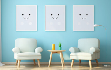 Mock up posters in child room interior, posters on empty blue wall background