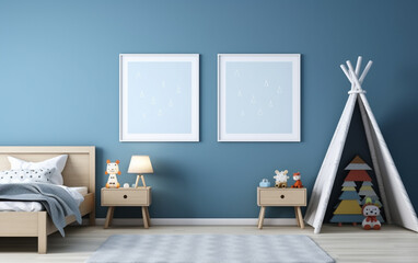 Mock up posters in child room interior, posters on empty blue wall background