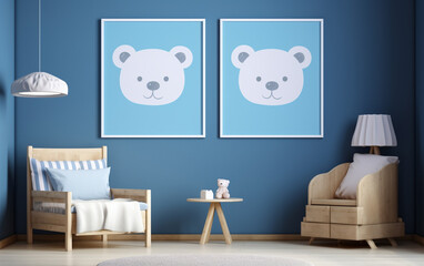 Mock up posters in child room interior, posters on empty blue wall background