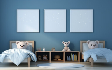 Mock up posters in child room interior, posters on empty blue wall background