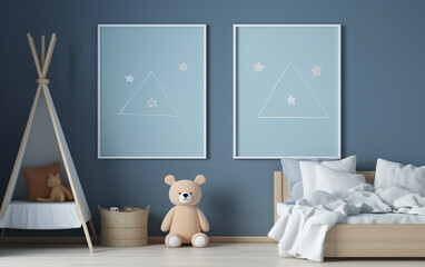 Mock up posters in child room interior, posters on empty blue wall background