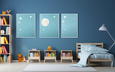 Mock up posters in child room interior, posters on empty blue wall background