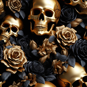 3D seamless pattern, skulls and roses. Halloween pattern wrap background. High quality photo