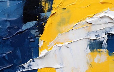 Abstract painting in white, blue and yellow colors with a bold palette