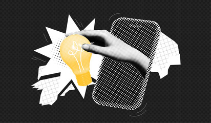 Trendy Halftone Collage Phone and Hand holding Lightbulb. Business idea and solutions. Contemporary art collage. Vector retro magazine illustration with cut out paper elements
