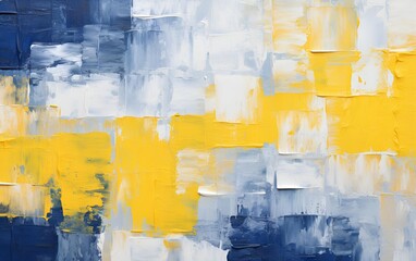 Abstract painting in white, blue and yellow colors with a bold palette