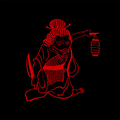 Japanese yokai demon. Vector, hand drawing, ink, graphics, sketch, doodle, monster with a lantern, red on black. Folklore, fairy tales, traditions, horrors, Halloween. Eps10