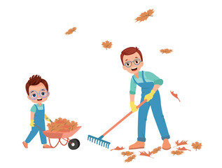 dad and cute boy cleaning dried leaves