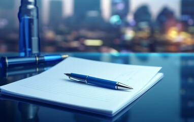 Notepad on a table with pen before meeting, blue tone, business concept with copy space