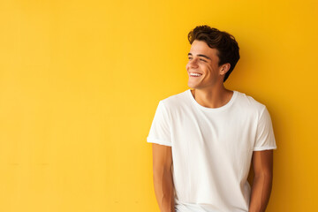 Happy Young Italian Man in White T-Shirt Over Yellow Background With Copy Space