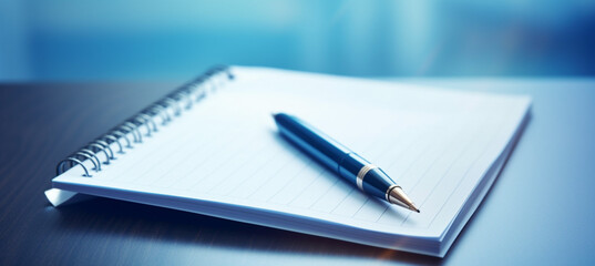 Notepad on a table with pen before meeting, blue tone, business concept with copy space