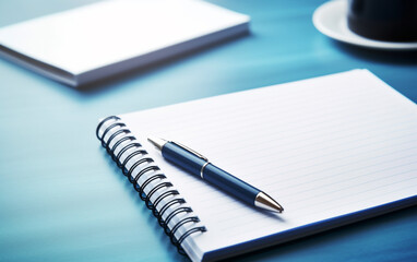 Notepad on a table with pen before meeting, blue tone, business concept with copy space