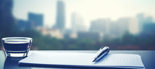 Notepad on a table with pen before meeting, blue tone, business concept with copy space - obrazy, fototapety, plakaty