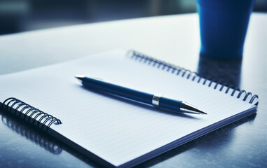 Notepad on a table with pen before meeting, blue tone, business concept with copy space