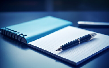 Notepad on a table with pen before meeting, blue tone, business concept with copy space