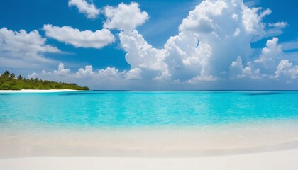 Sandy beach with white sand and rolling calm wave of turquoise ocean on sunny day, white clouds in blue sky background