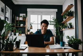 GenZ Asia man smiling in cozy home office, work from home wfh people concept