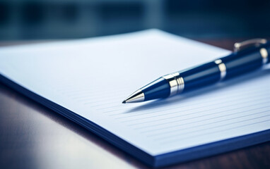 Notepad on a table with pen before meeting, blue tone, business concept with copy space