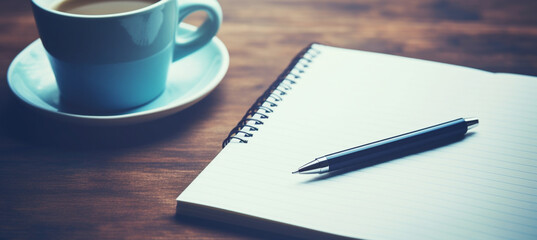 Notepad on a table with pen before meeting, blue tone, business concept with copy space