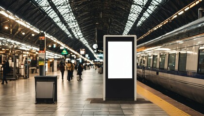Evening train station featuring blank white digital sign billboard poster mockup - Powered by Adobe
