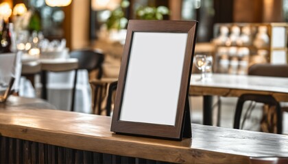 Cafe countertop with blank white empty menu sign poster mockup display paper for marketing, design, and advertising