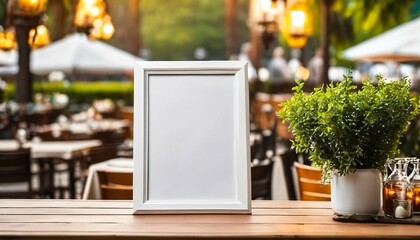 Wooden table with empty white paper frame poster for mockup, blurred outdoor restaurant background for menu, advertising, design, sign
