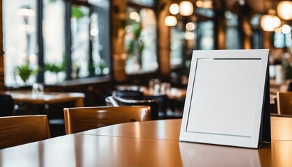 Cafe countertop with blank white empty menu sign poster mockup display paper for marketing, design, and advertising - obrazy, fototapety, plakaty