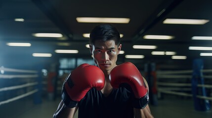Male boxer wearing boxing gloves. Generative AI. - obrazy, fototapety, plakaty