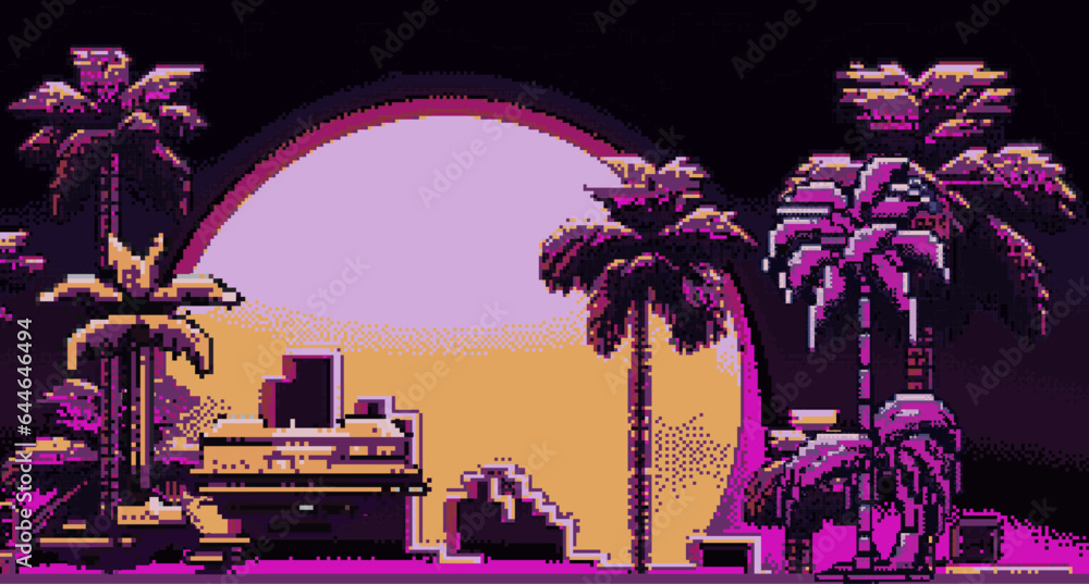 Aufkleber synthwave retro 8-bit pixel art landscape with palms and moon in neon colors.