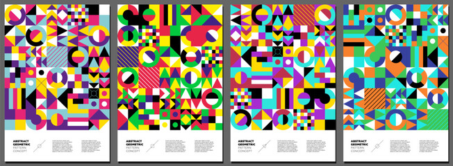 Abstract geometric bauhaus artwork set. Simple brutalism shapes collage poster. Memphis pattern background. Retro brutalist style modern trendy graphic cover. Vintage postmodern y2k art vector print