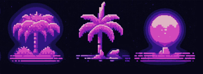 A set of synthwave pixel art illustrations featuring palm trees and moon.