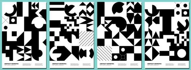 Abstract geometric bauhaus style shapes collage poster set. Memphis elements background collection. Modern trendy forms paintings. Retro monochrome graphic patterns. Vintage simple eps prints design