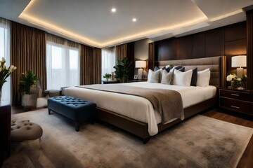 The luxurious comfort of an apartment's master suite, with a king-sized bed and designer linens 
