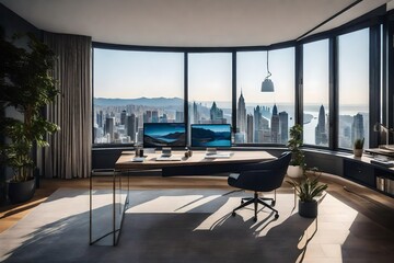 An apartment's modern home office, featuring a sleek desk and expansive windows with inspiring views 