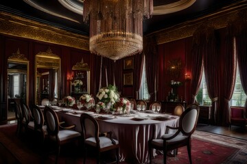 Fototapeta na wymiar A mansion's lavish dining room, adorned with fine china and luxurious silk draperies 
