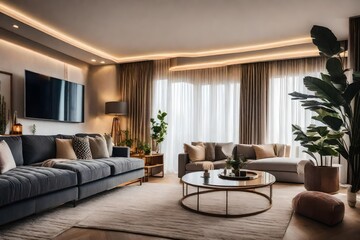 The cozy ambiance of an apartment's living room, with plush furnishings and soft, neutral colors 
