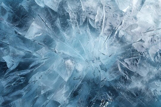 ice texture background, close up macro on blue ice with cracks texture, frozen water on lake or sea surface, winter season graphic resource