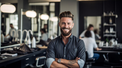 A professional hair dresser stylist barber at his salon looking at the camera and smiling