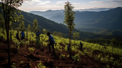 People engaged on making the world better. Planting trees, working together to rebuild and preserve natural forests. Sustainable practices. Sense of community. Generative AI.