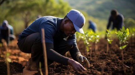 People engaged on making the world better. Planting trees, working together to rebuild and preserve natural forests. Sustainable practices. Sense of community. Generative AI.