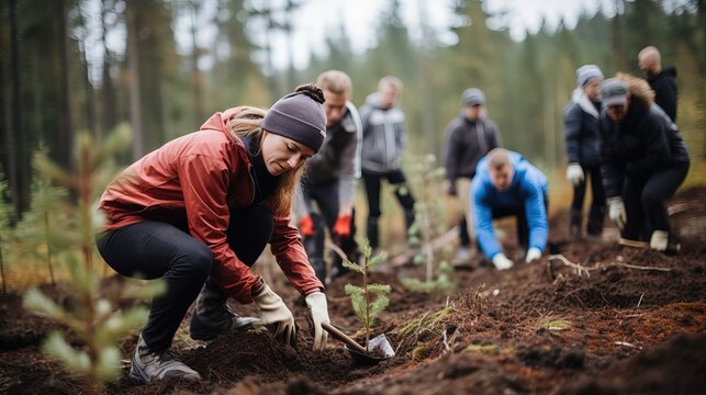 People engaged on making the world better. Planting trees, working together to rebuild and preserve natural forests. Sustainable practices. Sense of community. Generative AI.