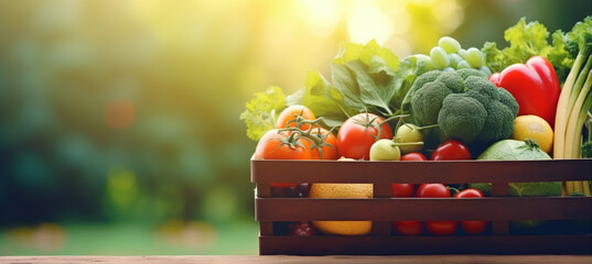 Shopping basket containing fresh foods with blurry background isolated for supermarket grocery, food and eating - obrazy, fototapety, plakaty