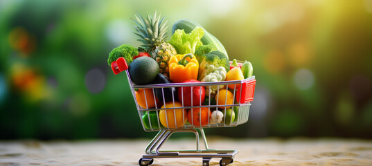 Shopping basket containing fresh foods with blurry background isolated for supermarket grocery, food and eating.