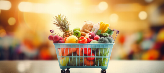 Shopping basket containing fresh foods with blurry background isolated for supermarket grocery, food and eating. - obrazy, fototapety, plakaty